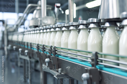 Milk production at the factory. Glass bottles with milk. Generative ai