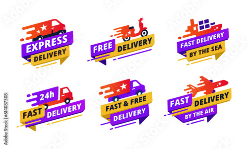 Set of delivery label sign for banner promotion. Express delivery, fast and free delivery tags or badges with different transportation, Creative vector illustration