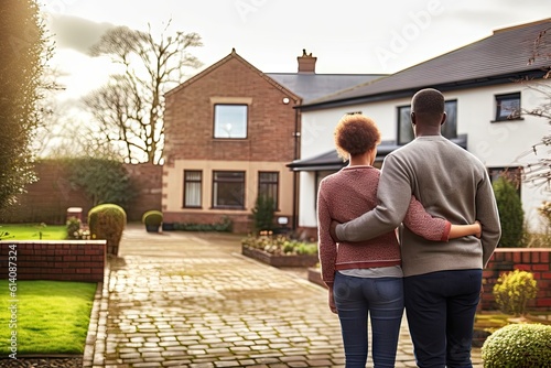 Happy homeowners. Loving couple African American embracing in front of new house. Man and woman standing outside their New Home