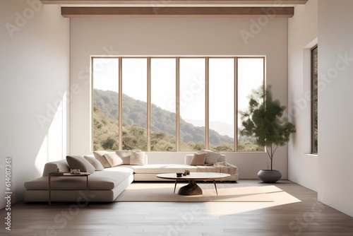 image of a minimalist living room with clean lines, neutral palette, and abundant natural light, simplicity, serenity, harmonious design, mindful living, airy atmosphere