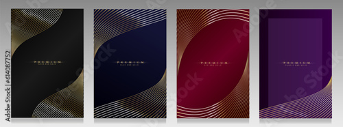 Elegant collection covers. Golden wavy lines on black, blue, red and purple background. Precious brochures, elegant flyers, formal invitations for luxury events.