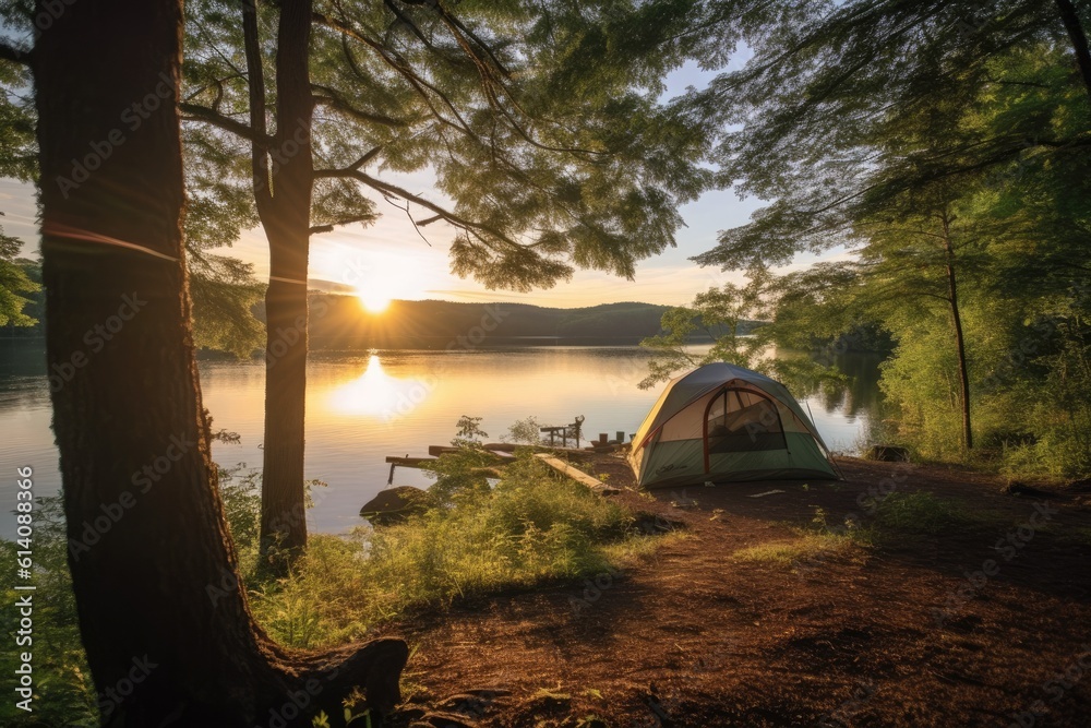 lakeside camping spot with breathtaking views, tranquil waters, and opportunities for fishing, kayaking, and stargazing, providing an idyllic outdoor experience - Generative AI - obrazy, fototapety, plakaty 