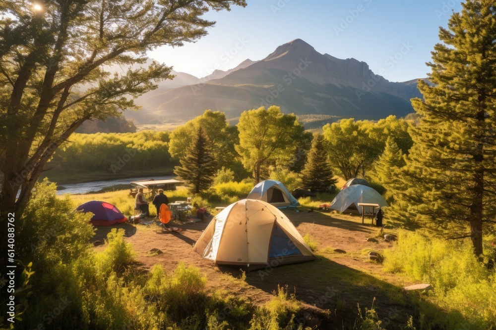 rugged mountain campground surrounded by majestic peaks, hiking trails, and wildlife, immersing adventurers in the beauty and challenges of the natural world - Generative AI