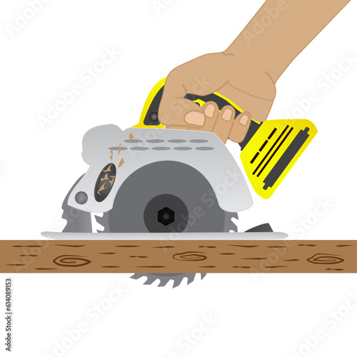 Builder saws a board with a circular saw in the cutting a wooden plank, Vector illustration EPS 10.