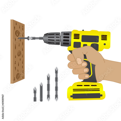 Electric screwdriver Electric screwdriver in hand. Battery screwdriver or drill. Home renovation equipment. Tools of the handyman. Isolated on white background. Vector illustration EPS 10.