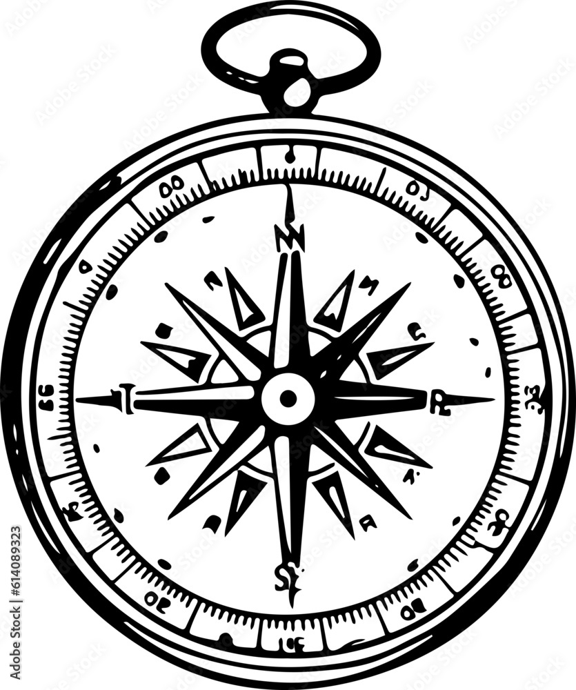 Compass outline vector illustration, Hiking elements
