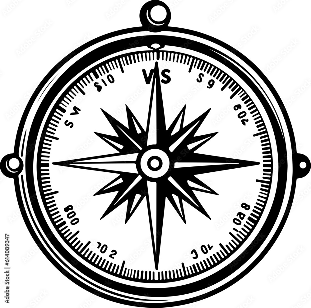 Compass outline vector illustration, Hiking elements
