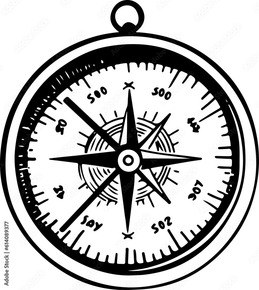 Compass outline vector illustration, Hiking elements
