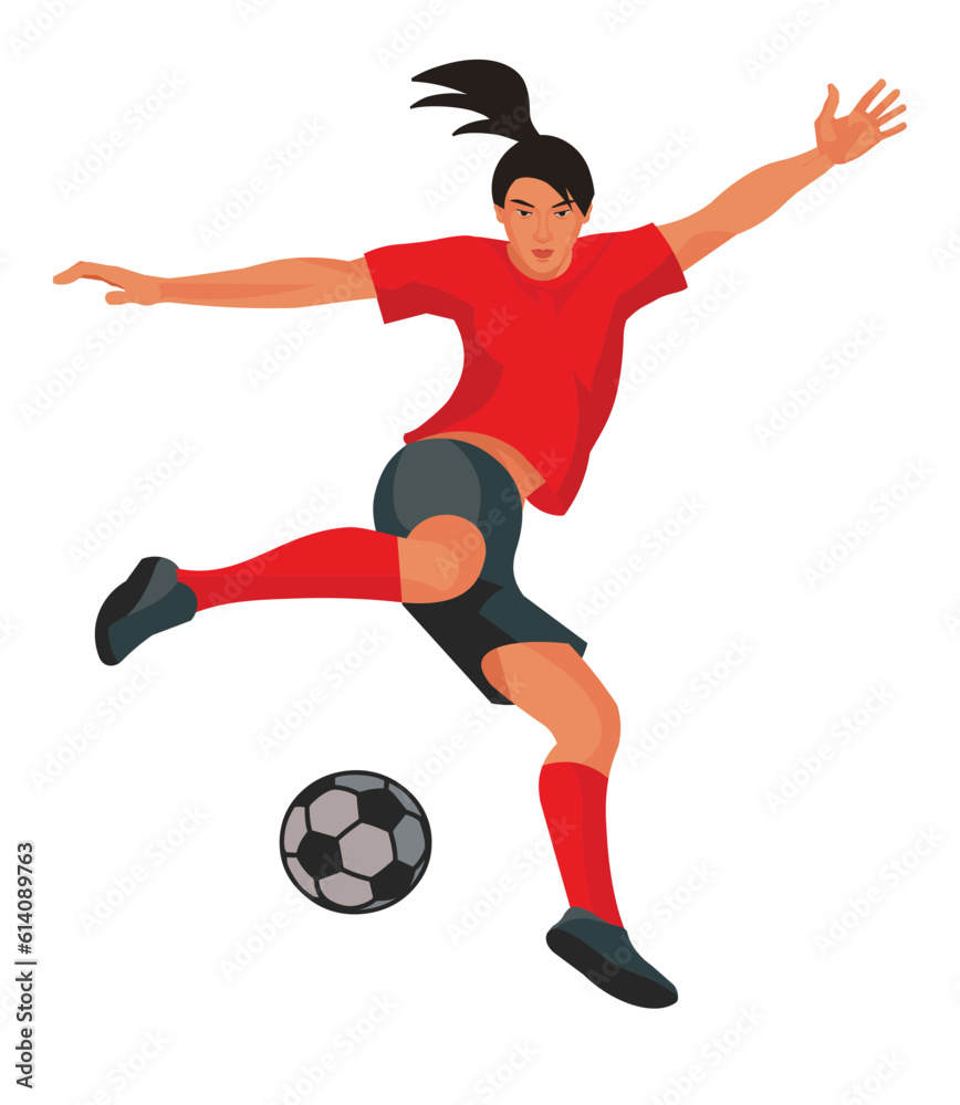 Korean or chinese women's football firl player in red sports uniform jumps up preparing to kick the ball with her foot, vector isolated figure on white background
