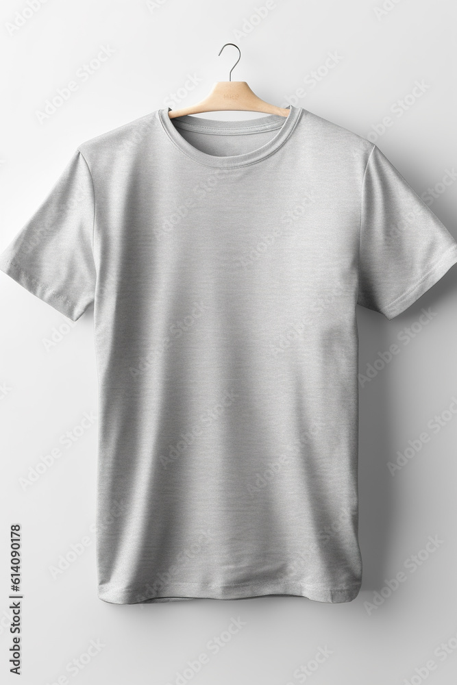 A white t-shirt hanging on a hanger. Generative AI. Tshirt mockup, copy space. A white t-shirt hanging on a hanger. Generative AI. Tshirt mockup, copy space.