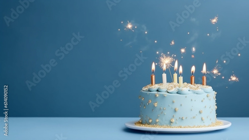 Blue birthday cake on blue background, baby gender reveal with generative ai