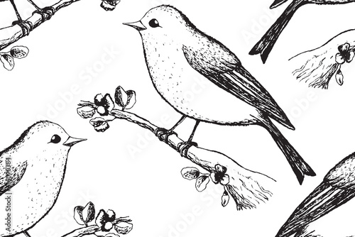 Canvas Print Seamless pattern with funny birds, flowers, leaves