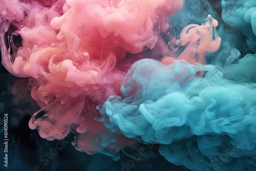 Detailed closeup of pastel pink and mint blue smoke clouds. Colorful smoke steam on a black flat background. Creative vaping wallpaper. Generative AI macro photo imitation.