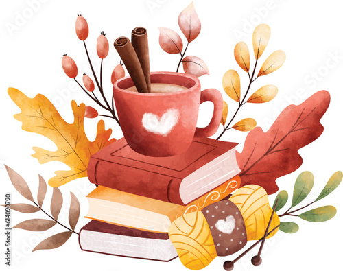 Watercolor Illustration books, drink and autumn leaves