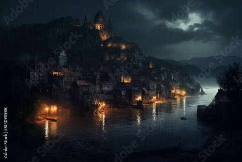 Medieval island city rain. Generate Ai