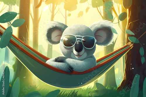 bear on a swing wearing sunglasses, cartoon style
