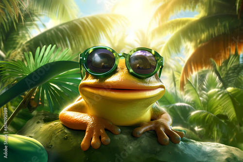 green frog on a branch wearing sunglasses