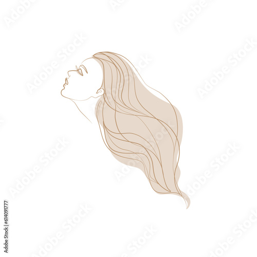 Profile of beautiful girl with long hair one line art. Beautiful woman fashion abstract female portrait, isolated vector illustration. Tattoo, print and logo design for spa or beauty salon.