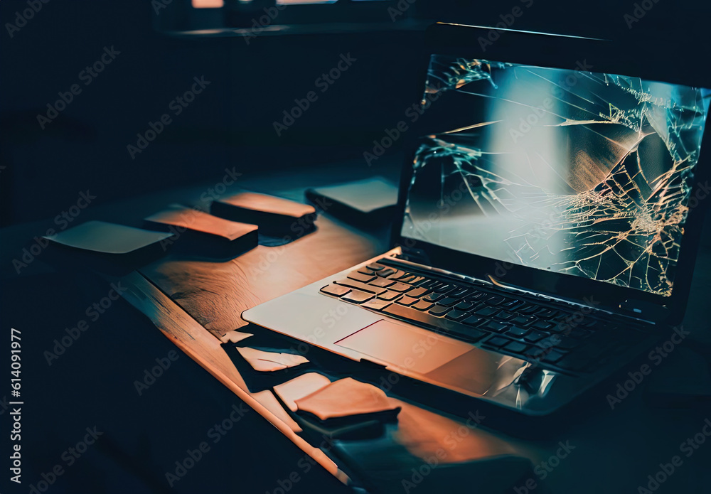 Laptop with a broken screen on a desk with Generative AI. Stock ...