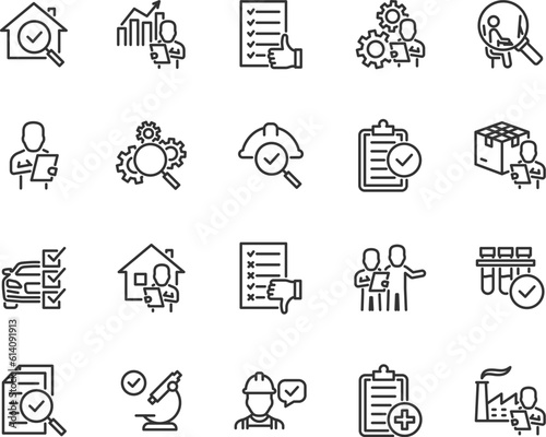 Vector set of inspection line icons. Contains icons verification, inspector, testing, inspection report, quality control, house inspection, examination, qa, checklist and more. Pixel perfect.