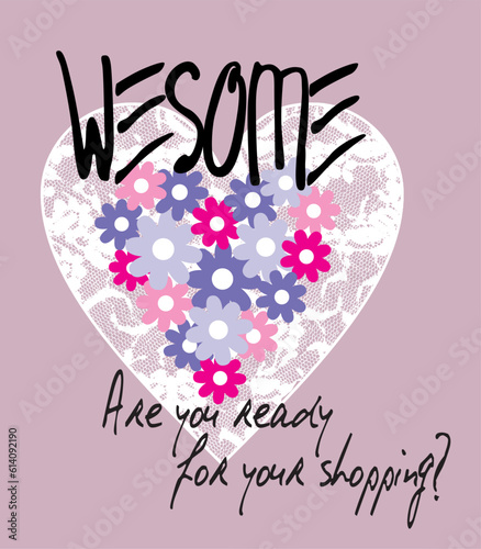floral heart and text print pattern