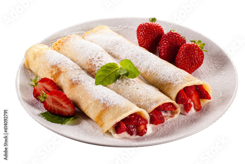 pancakes with strawberries isolated on a transparent background