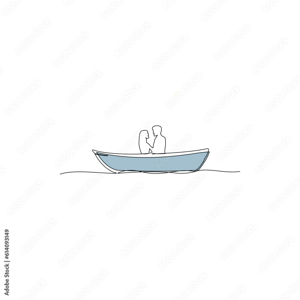 single continuous line of male and female couples in boats. vector illustration