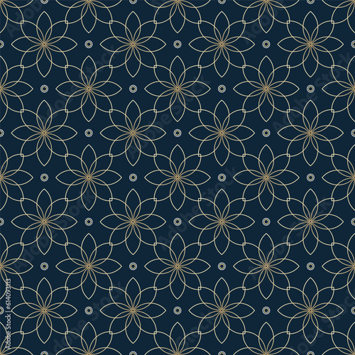 Doodle line floral seamless pattern dark blue background Golden flower pattern. Fabric Design, Carpet, Wrapping Paper, Wallpaper