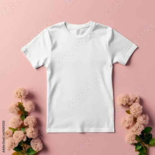 mockup of plain white t shirt for kids pink flower background © Usablestores