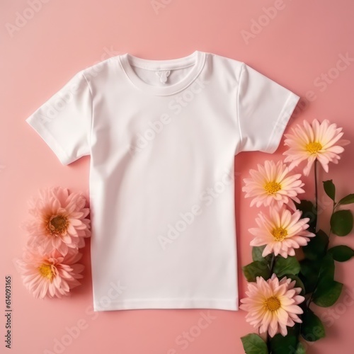 mockup of plain white t shirt for kids pink flower background