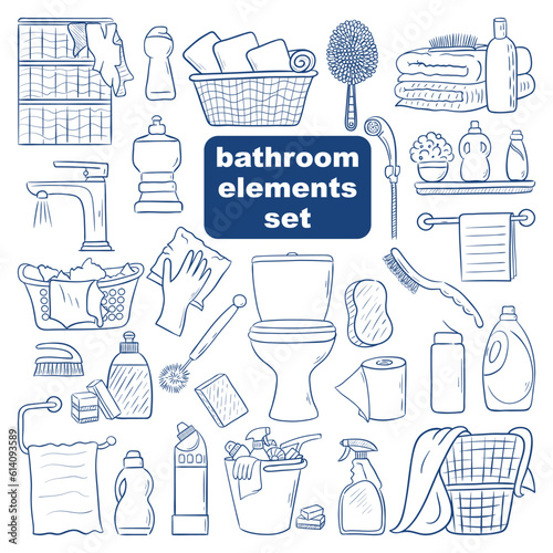 Bathroom elements set. Hand drawn vector illustration