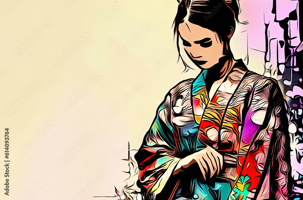 one kimono female in graffiti color style with Generative AI. one kimono female in graffiti color style with Generative AI.