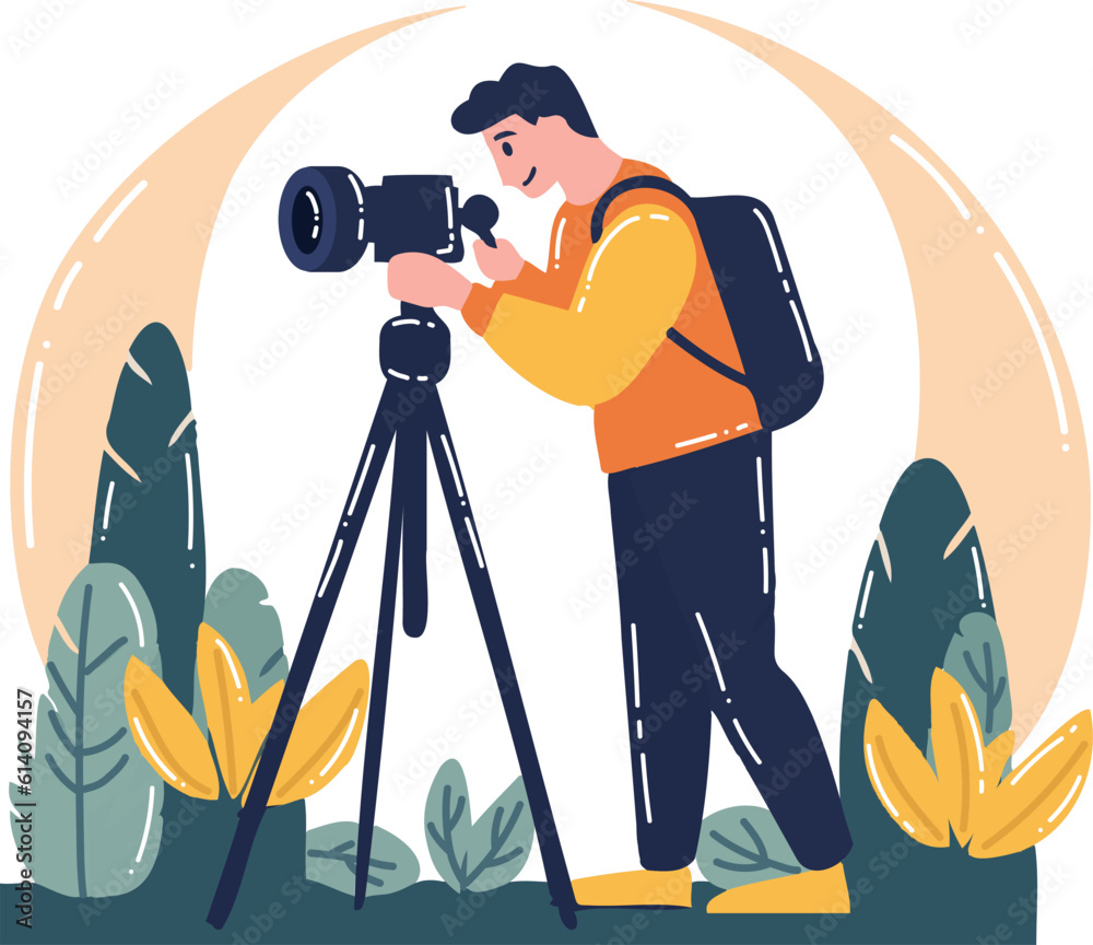 Hand Drawn Cameraman with a camera in flat style