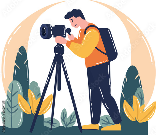 Hand Drawn Cameraman with a camera in flat style