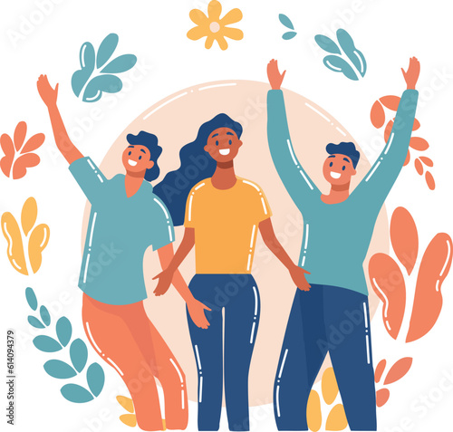 Hand Drawn Group of characters are happy in flat style