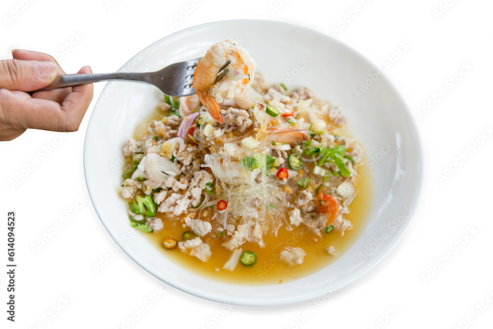Top view of Vermicelli Salad with Shrimp, focus selective Top view of Vermicelli Salad with Shrimp, focus selective