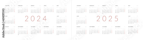 Set of 2024-2025 Annual Calendar template. Vector layout of a wall or desk simple calendar with week start monday. Horizontal Calendar design in black and white colors, holidays in red colors.
