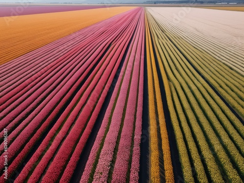 a drone captures stunning aerial footage of vast flower fields in full bloom
