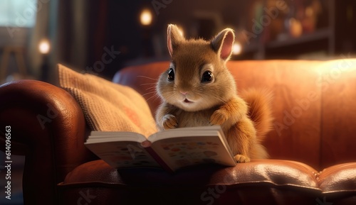 Smart Squirrel reading a book. Cartoon style for kids. 