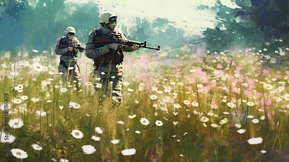 soldier with machine guns on a sunny day on a field with white daisies. Generative Ai. 