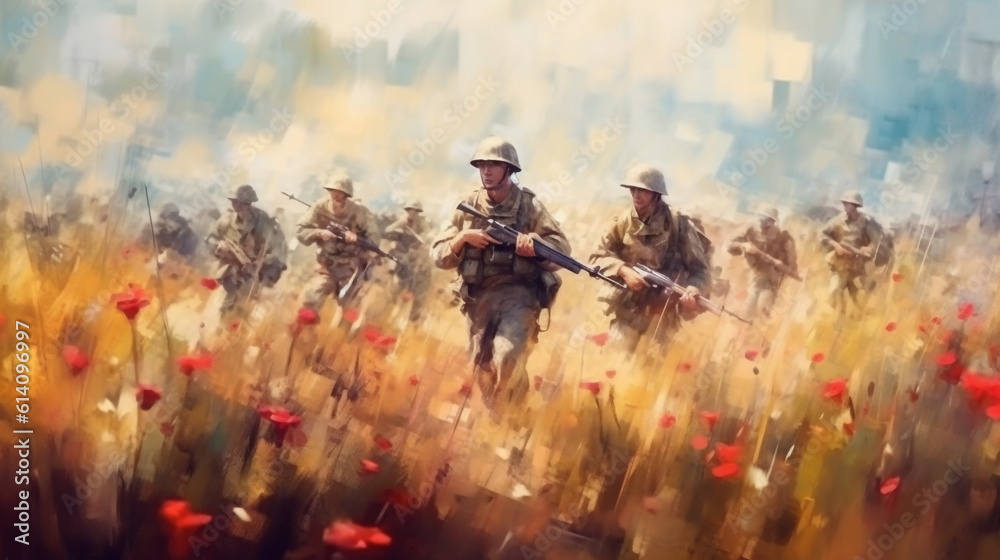 a large group of soldiers move around a field with spring flowers on a sunny day. Generative Ai. 