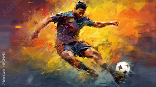abstract image in the style of impressionism of a football player with a ball on a yellow background. Generative Ai. 