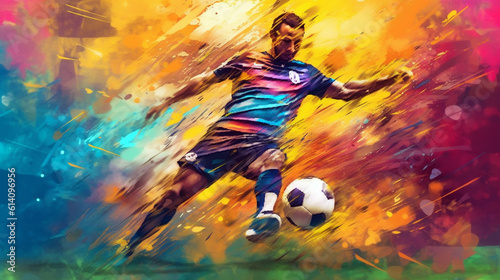 soccer player with ball colorful image in abstract impressionism style. Generative Ai. 