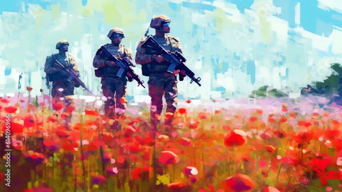 a field of blue sky with red poppies, along which three soldiers with machine guns are moving. Generative Ai. 
