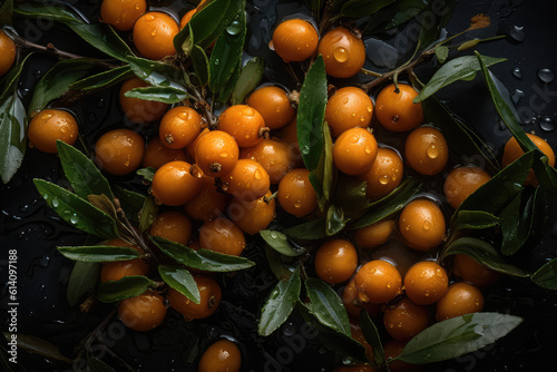 Top view close-up of fresh orange buckthorn with green leaves in drops of water on black background. Sea Berry wallpaper, fresh buckthorns banner. Generative AI professional photo imitation.