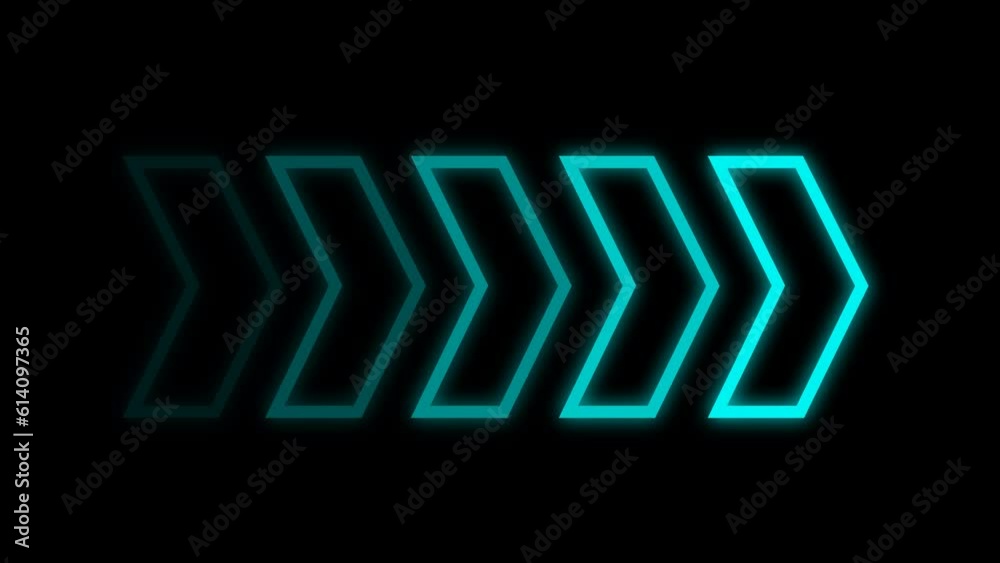Neon right arrows. Glowing element. Bright blinking arrows on black