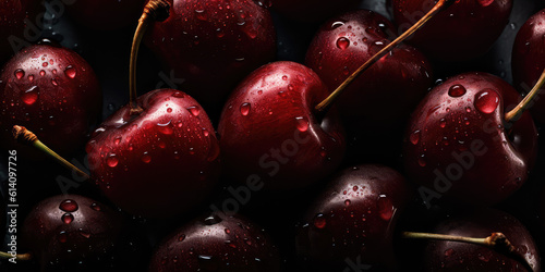 Above view of lots of red fresh cherry in drops of water on a black background surface. Berry fruit wallpaper, fresh cherries food concept banner. Generative AI professional photo imitation.