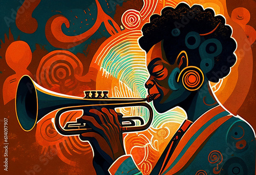 Afro-American female jazz musician trumpeter playing a brass trumpet in an abstract style painting for a poster or flyer  computer Generative AI stock illustration