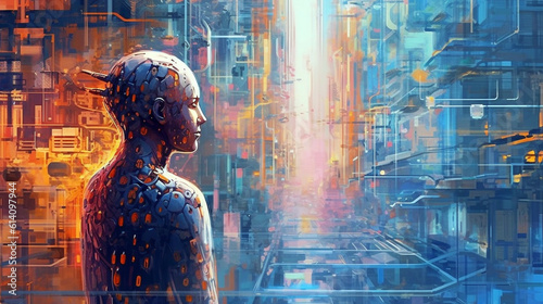sci-fi illustration. robot looks at abstract futuristic background. Generative Ai. 