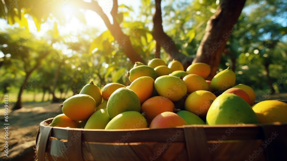 harvested Mango fruits in a basket. Generative Ai. 
